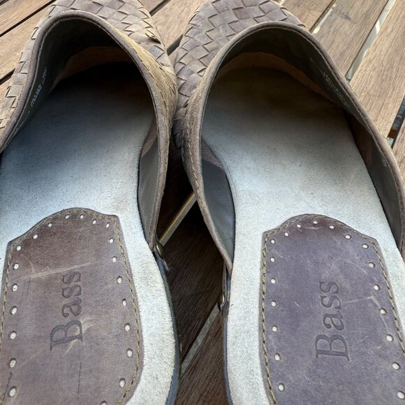 Brown Woven Leather Bass Clogs With Wooden Soles & Brass Studs Size 10 - Picture 6 of 8